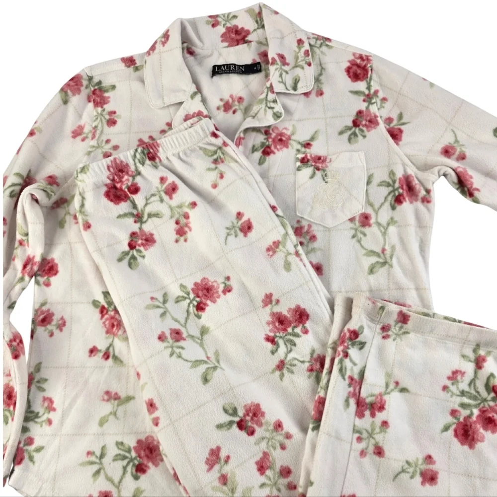 Lauren Ralph Lauren M White W/Red Floral Pajama Set Monogram Pocket AF-2998 - Picture 2 of 14